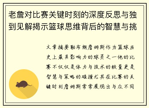 老詹对比赛关键时刻的深度反思与独到见解揭示篮球思维背后的智慧与挑战
